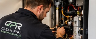 Illustration of a heating engineer servicing equipment